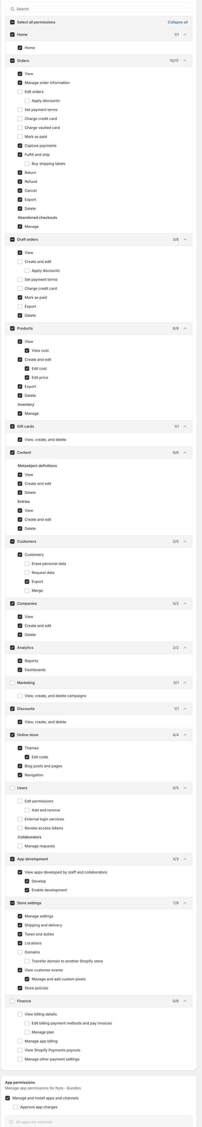Nyla - Shopify Permissions Required